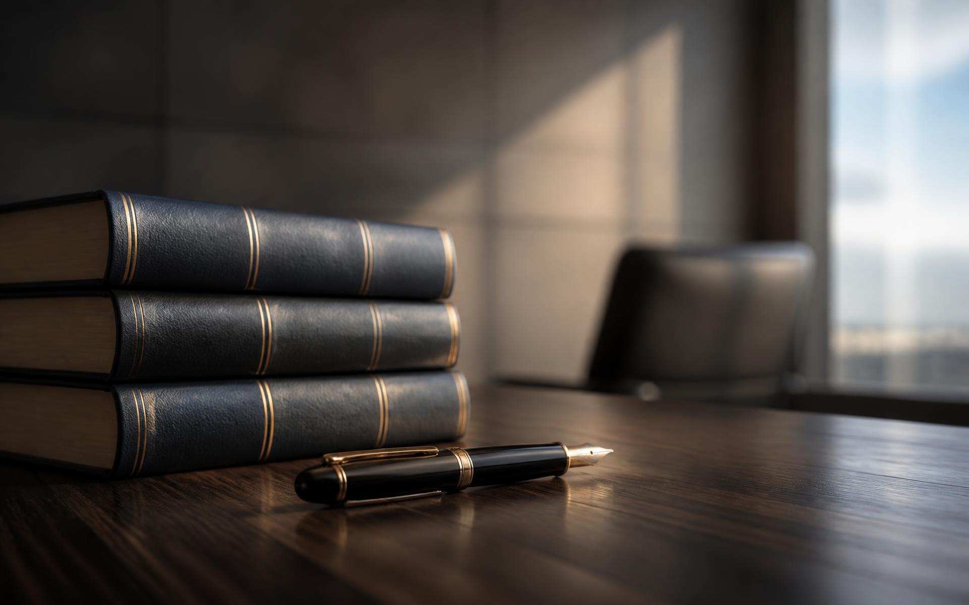 Bound legal volumes and a fountain pen on a boardroom table at Legal Climate